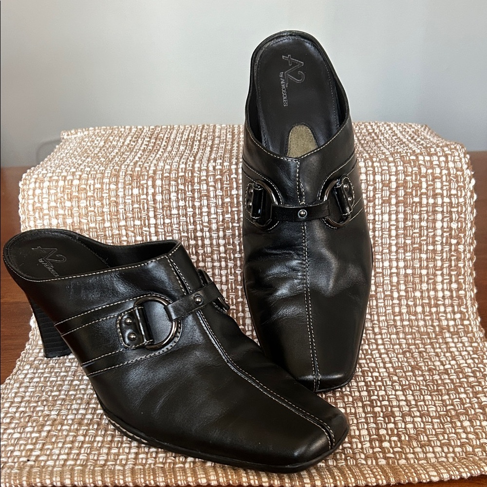A2 By Aerosoles Leather Black Mules with Buckle Detail - size 10 - Picture 2 of 7